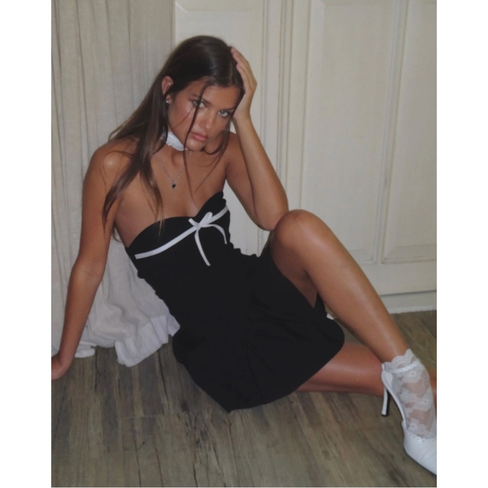 Motel Rocks Panolia Bow Front Bandeau Mini Dress in Tailoring Black - Picture 7 of 13
